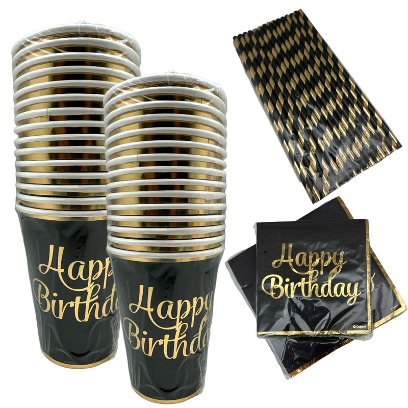 Oojami 180-Piece Happy Birthday Party Supplies Set â€“ Serves 30 Guests with 9" Dinner Plates, 7" Dessert Plates, 12 oz Cups, and 3-Ply Napkins â€“ Gold Foil Disposable Tableware Party Pack - Image 5